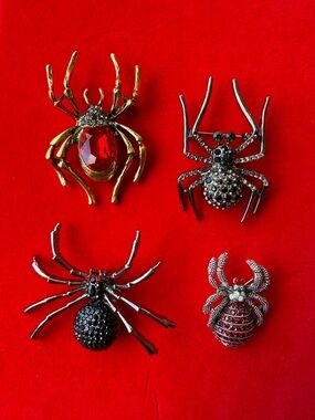American Vintage Spider Brooches - Gold, Black, Red